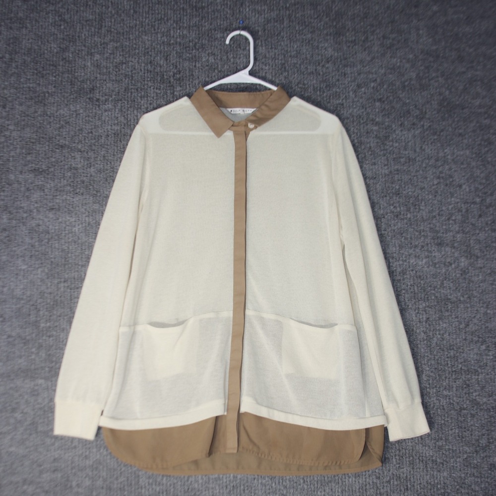 Silk Box Mixed Media Button Up Shirt Womens XL Cream Tan Linen Blend Long Sleeve